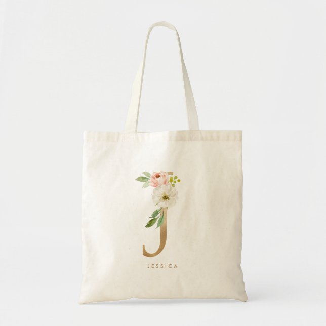 Bolsa Tote Faux Gold Foil Floral - Letra J Monograma Bridesma (Frente)
