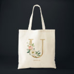 Bolsa Tote Faux Gold Foil Floral - Letra U Monograma Bridesma<br><div class="desc">Saco floral feminino e elegante com ilustrações aquáticas de flores,  verde e monograma de folha falsa. Personalize adicionando um nome ou uma frase curta. Esta letra U monograma de bolsa de canvas floral será perfeita como um presente personalizado.</div>