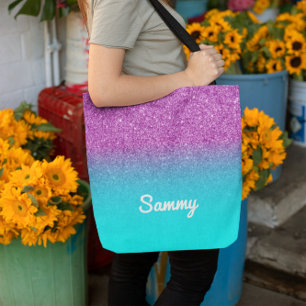 Bolsa Tote Faux Purple e Aqua Ombre Glitter