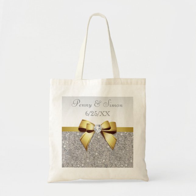 Bolsa Tote Faux Silver Sequins Dourado Favor de Casamento do  (Frente)