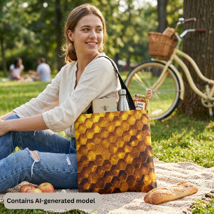 Bolsa Tote Favo de Mel Âmbar Dourado: Hexágono de Colmeia de