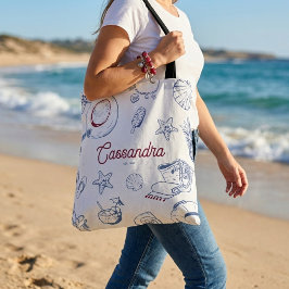 Bolsa Tote Favor de Aniversário de Verão na Praia Azul e Verm