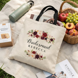 Bolsa Tote Favor de Dama de Honra Floral Vermelho Borgonha Rú