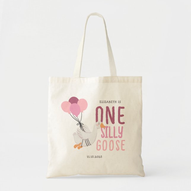 Bolsa Tote Favor do primeiro aniversario Ganso Rosa Um Bobo (Frente)