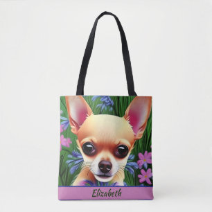 Bolsa Tote Fawn Chihuahua Puppy no Prado Flor Personalizado