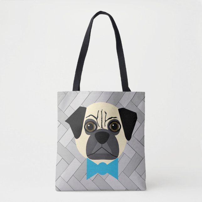 Bolsa Tote Fawn Pug com Bowtie, Herringbone cinza (Frente)