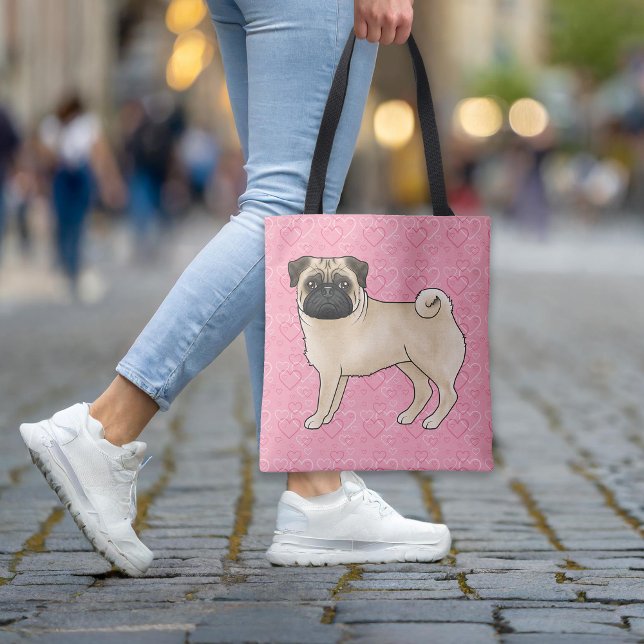 Bolsa Tote Fawn Pug Dog Cartoon Mops Pink Love Heart Patterno (Please note: This image is a digital mockup. The product may not be in scale.)