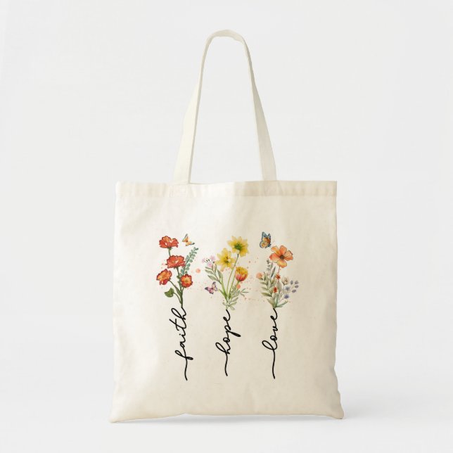 Bolsa Tote Fé, Esperança, Amor - Palavras Inspiradoras Florai (Frente)