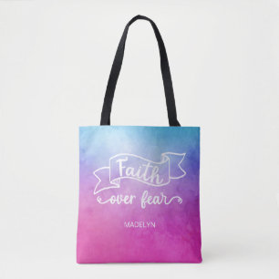Bolsa Tote Fé sobre medo, moderna cor d'água, inspiração