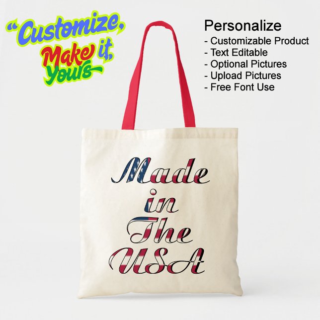 Bolsa Tote Feita no Saco de Tote Natural e Vermelho dos EUA (Made in The USA Natural & Red Budget Tote Bag - Personalize, Customizable & Text Editable.)