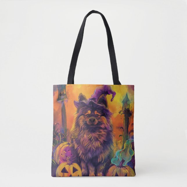 Bolsa Tote Feiticeira do Dia das Bruxas e Abóbora de Keeshond (Frente)