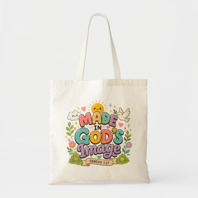 Bolsa Tote Feito À Imagem De Deus Fé Cristã Fofa E Ensolarada (Frente)