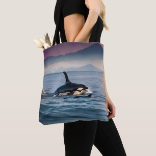 Bolsa Tote Felicidade Parental: Mãe e Bebês Orca no Oceano,