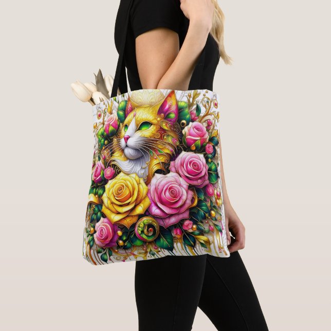 Bolsa Tote Feline em meio a um Blogue Floral Vibrante (Close Up)