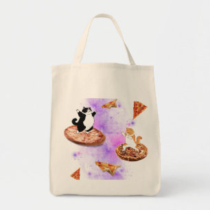 Bolsa Tote Felinos engraçados carregando pizza no espaço