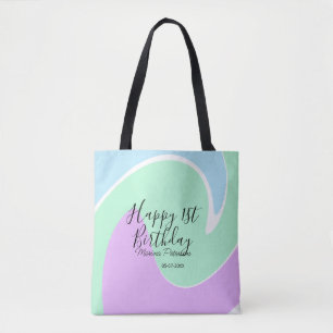Bolsa Tote Feliz 1º aniversário rosa verde azul acrílico derr