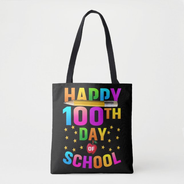 Bolsa Tote Feliz 100º Dia da Escola para Professores e Estuda (Frente)