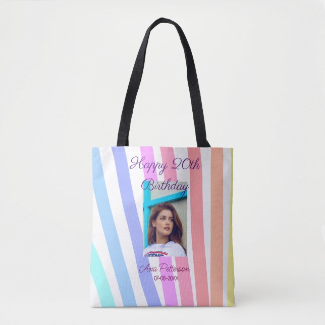 Bolsa Tote Feliz 20º Aniversário arco-íris rústico boho linha (Frente)