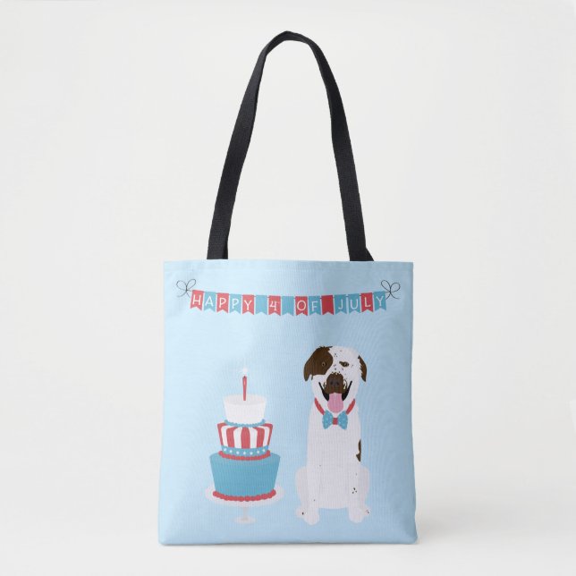 Bolsa Tote Feliz 4 de julho Cachorro Vermelho Azul (Frente)