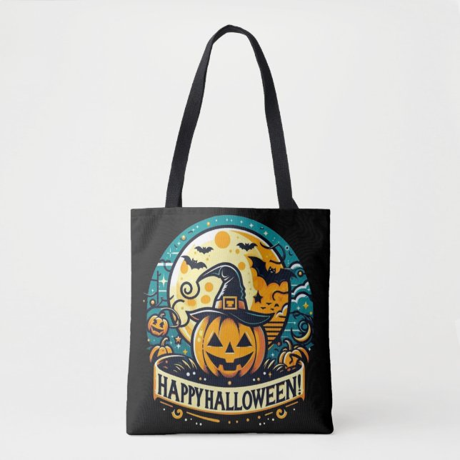 Bolsa Tote Feliz Abóbora do Halloween na Lua Cheia do Chapéu  (Frente)