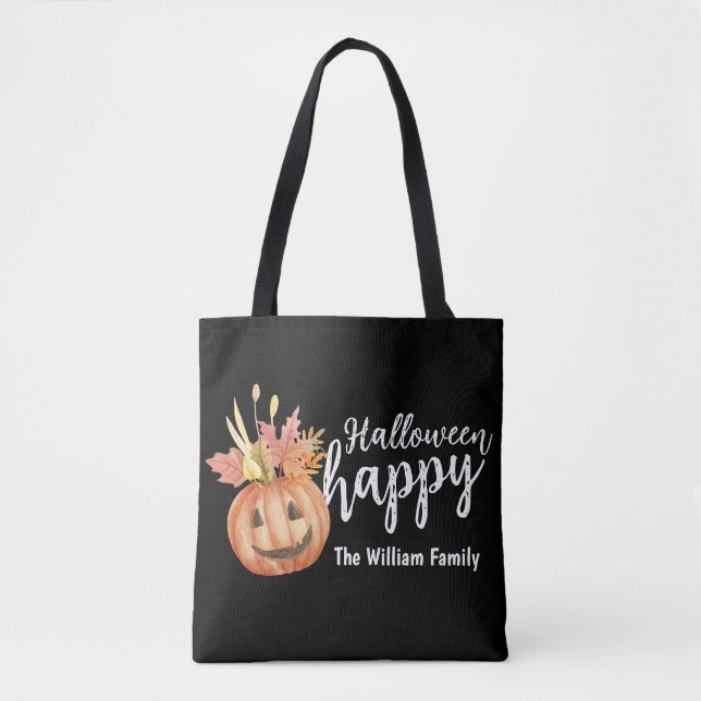 Bolsa Tote Feliz Abóbora Floral de Halloween Personalizado (Frente)
