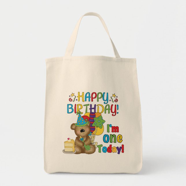 Bolsa Tote Feliz aniversário Teddy Bear 1rua T-shirts e prese (Frente)