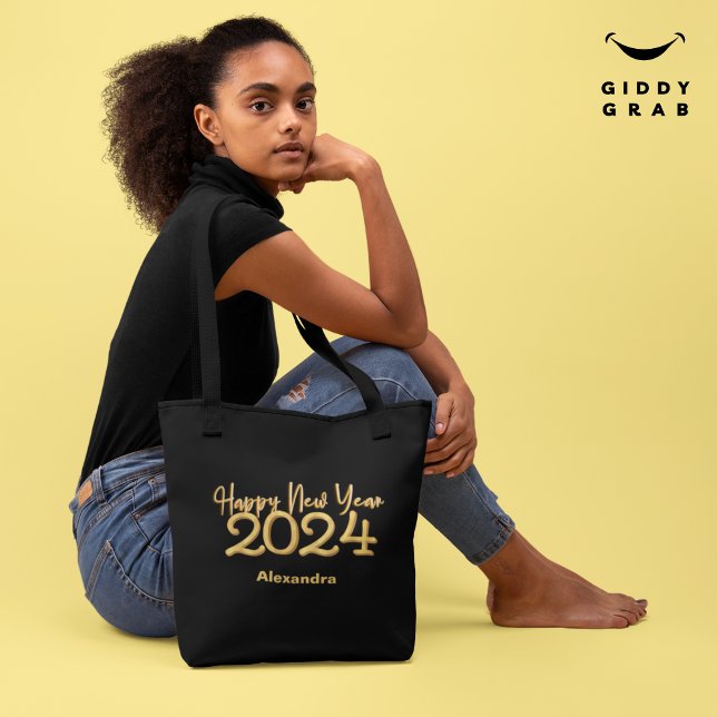 Bolsa Tote Feliz ano novo Elegante Moderno 2024 Preto (Criador carregado)
