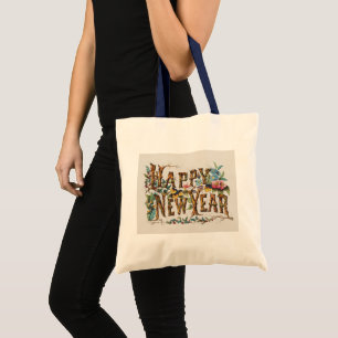 Bolsa Tote Feliz Ano Novo em Troncos de Árvores, Bolotas e Fl