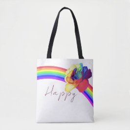 Bolsa Tote "Feliz" Arco-Íris e Rosa