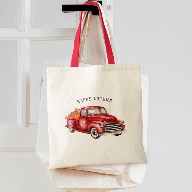 Bolsa Tote Feliz Autumn Red Truck Pumpkins (Happy Autumn Red Truck Pumpkins Tote Bag)