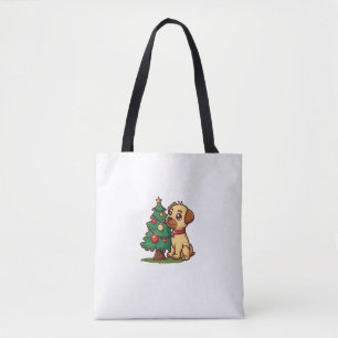 Bolsa Tote Feliz Cachorro de Natal com uma bela árvore para a