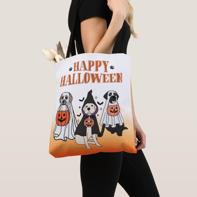 Bolsa Tote Feliz Cachorro do Halloween Laranja e Branco (Close Up)