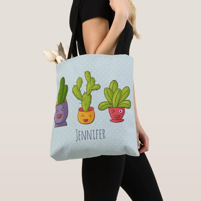 Bolsa Tote Feliz Cactus Cute em Potes Flores, ilustração dive (Close Up)