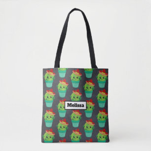 Bolsa Tote Feliz Cactus Verde num Padrão Sombrero Vermelho