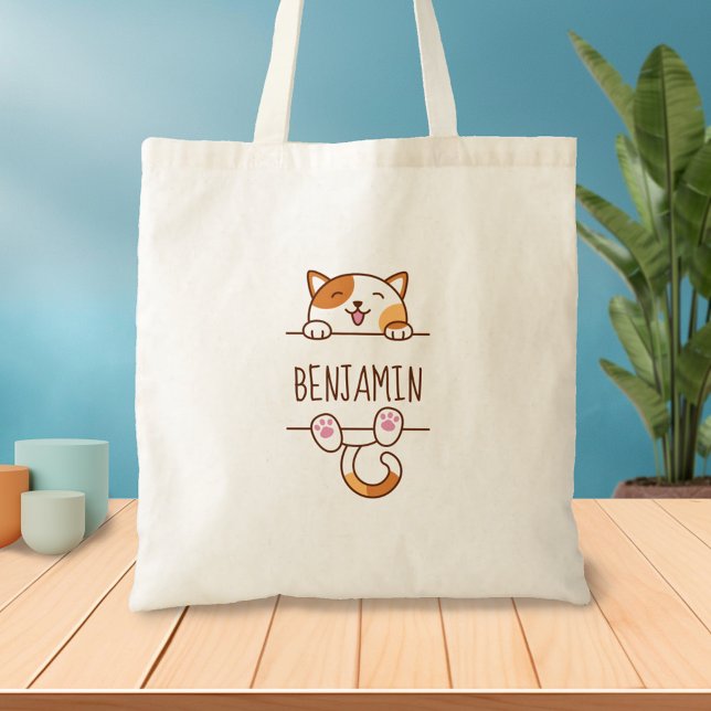 Bolsa Tote Feliz Calico Cat Pionando atrás do nome personaliz (Criador carregado)