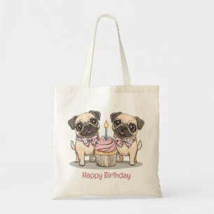 Bolsa Tote Feliz Cupcake de Cães Pug de Aniversário
