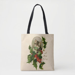Bolsa Tote Feliz de Natal Holly Kitten Arte Antiquada