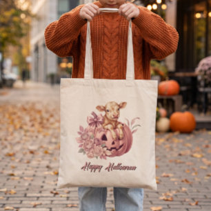 Bolsa Tote Feliz Dia das Bruxas Bebê Bezerro em Abóbora Rosa