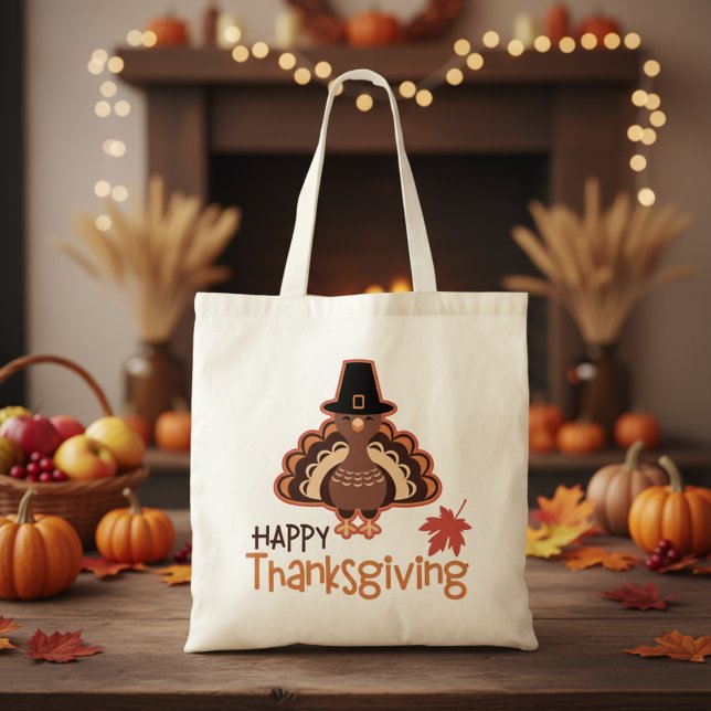 Bolsa Tote Feliz Dia de Ação de Graças Feliz Peregrino Turqui (Cute Happy Thanksgiving Pilgrim Turkey Tote Bag)