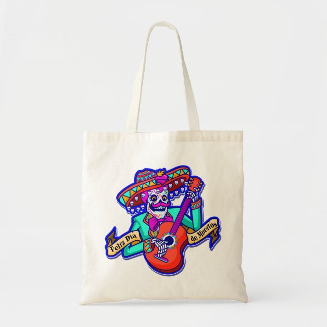 Bolsa Tote Feliz Dia De Muertos com o Skeleton tocando violão (Frente)