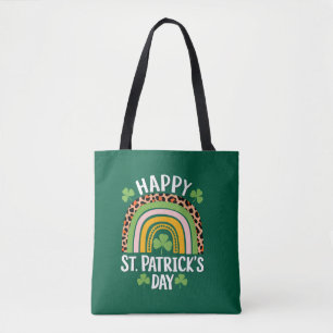 Bolsa Tote Feliz Dia de São Patrício Arco-íris Trevo