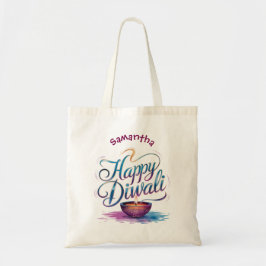 Bolsa Tote Feliz Diwali desenho de diya em aquarela personali