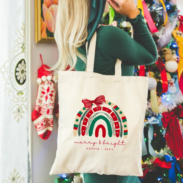 Bolsa Tote Feliz e Brilho | Vermelho Moderno e Natal Verde (Criador carregado)