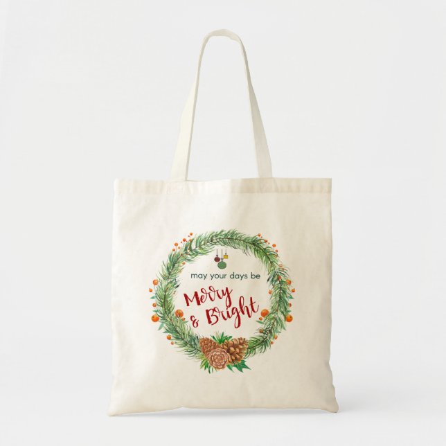 Bolsa Tote Feliz e coroa de natal brilhante (Frente)