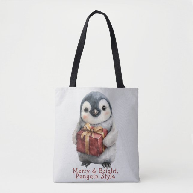 Bolsa Tote Feliz e Pinguim Brilhante Natal (Frente)