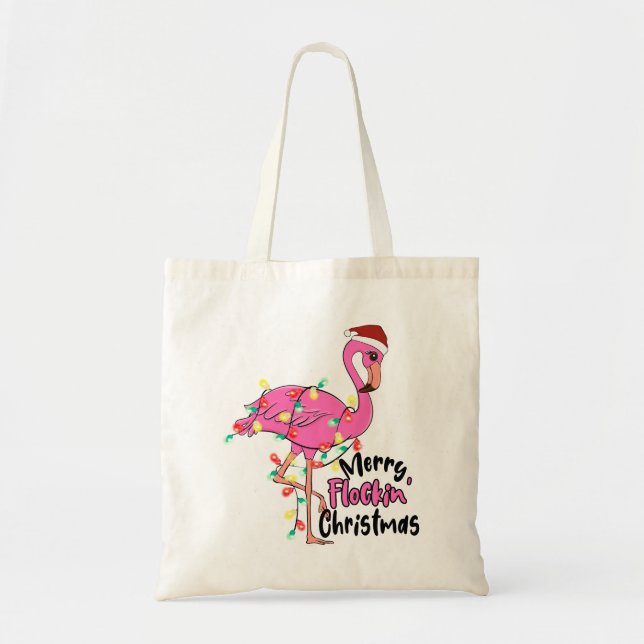 Bolsa Tote Feliz Engraçada Flamingo de Natal (Frente)
