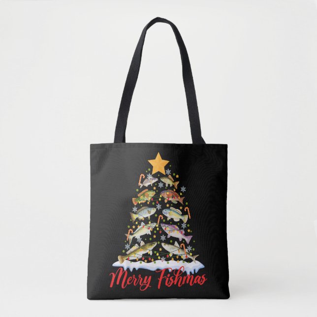 Bolsa Tote Feliz Fishmas Engraçado Árvore de Natal Luzes de P (Frente)