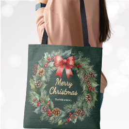Bolsa Tote Feliz Fúria de Natal com Arco Vermelho Personaliza