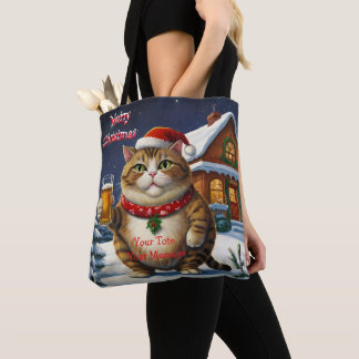 Bolsa Tote Feliz gato de Natal Festivo com copo de cerveja