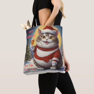 Bolsa Tote Feliz gato de Natal Festivo com copo de cerveja
